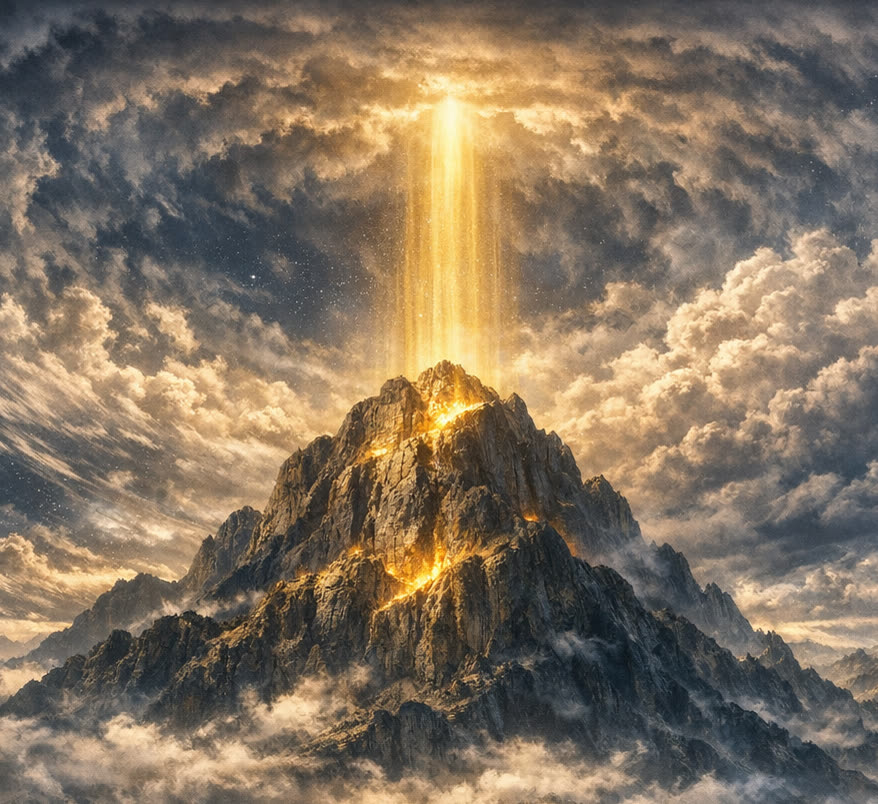 A mountain peak beneath storm clouds, lit by a column of golden light from above